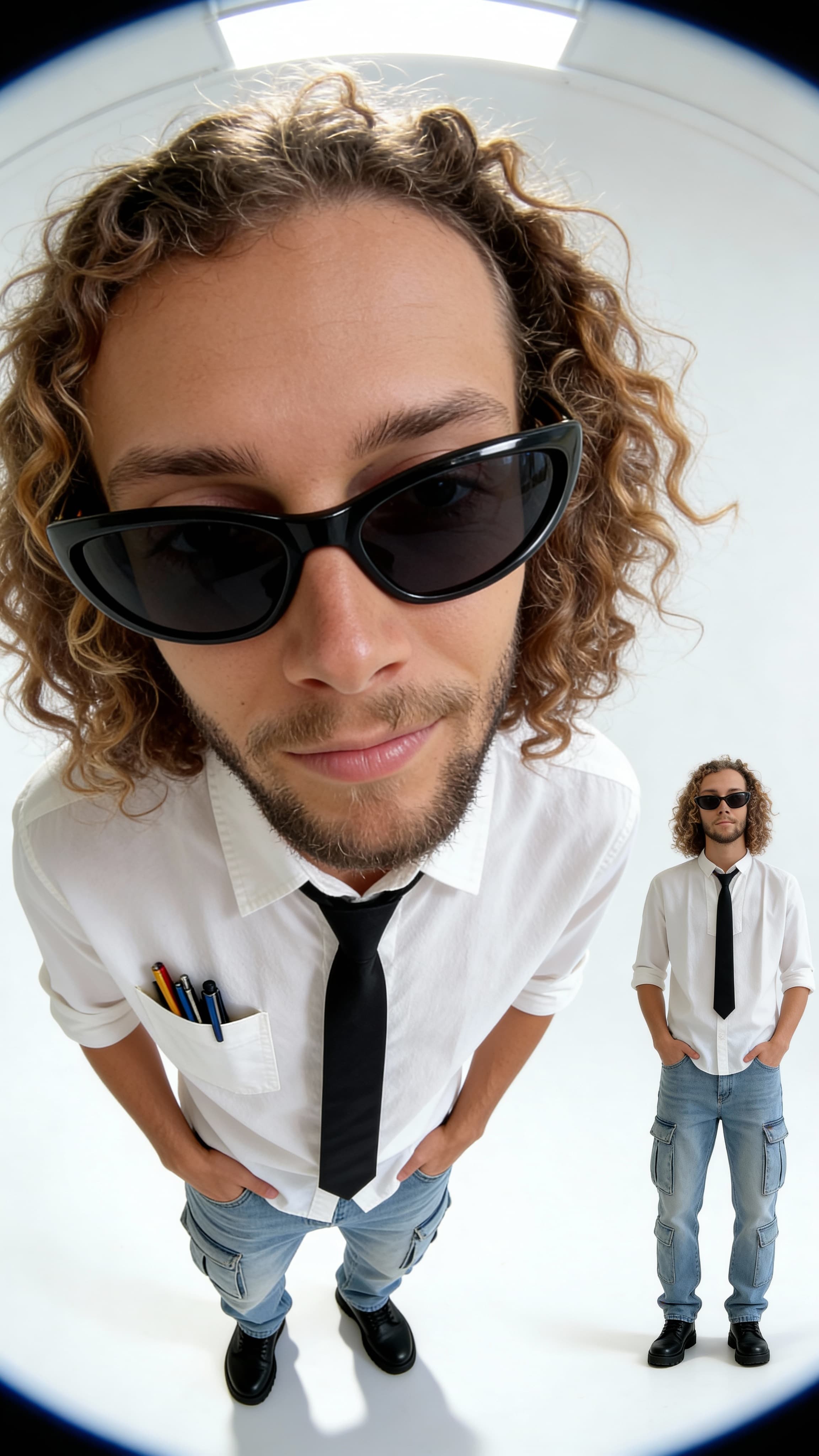 SHOT:
- Composition: Very wide-angle close-up on face, secondary full-body smaller view to the right
- Camera Settings: Low ISO, sharp focus, wide aperture

LENS EFFECTS:
- Optics: Extreme fisheye lens distortion, exaggerated facial proportions
- Depth of Field: Shallow focus on face, full body slightly softer

SUBJECT:
- Description: Young adult, slim body type, confident facial expression
- Wardrobe: White button-down shirt with front pocket containing pens, black tie, light blue cargo jeans, black shoes, black wraparound sunglasses

SCENE:
- Location: only clean white background
- Time of Day: Indeterminate artificial lighting
- Environment: Minimalist, isolated only on white backdrop

VISUAL DETAILS:
- Action: Standing with hands in pockets, leaning slightly forward in close-up
- Props: Pens in shirt pocket
- Physics: Natural shadows under feet and slight top-down lighting

CINEMATOGRAPHY:
- Lighting: Bright, diffuse soft lighting from above and front
- Tone: Clean, crisp, modern
- Color Palette: Neutral whites and blacks with subtle blues and natural skin tones

STYLE:
- Visual Aesthetic: Contemporary editorial fashion portrait with exaggerated wide-angle effect